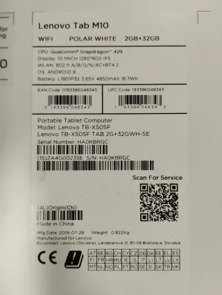 Tablet Lenovo Tab M10 HD Bianco