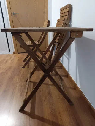 Conjunto mesa y 2 sillas madera terraza