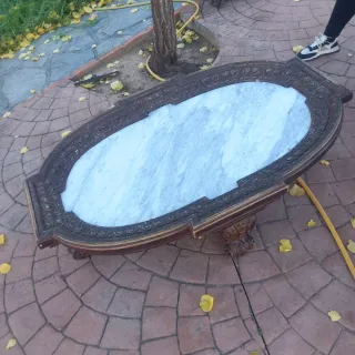 Mesa centro vintage madera y mármol hecha a mano