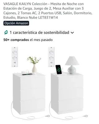 Mesita de Noche Vasagle con Carga USB