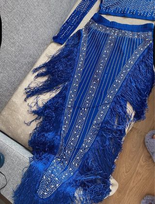 Conjunto 2 piezas top y falda flecos y piedras