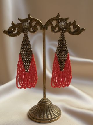 Orecchini Lunghi Etnici Artigianali Rosso-Oro