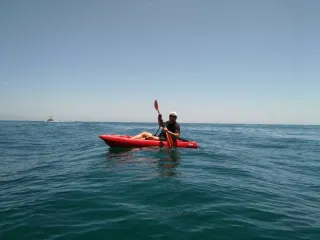 Kayak rojo marca Pelican con remo y motor eléctric