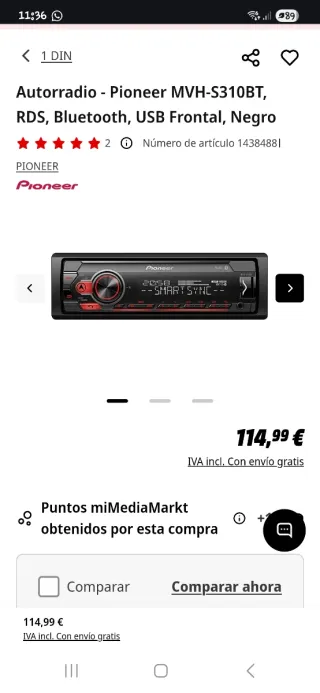 Radio Pioneer MVH-S310BT Bluetooth.