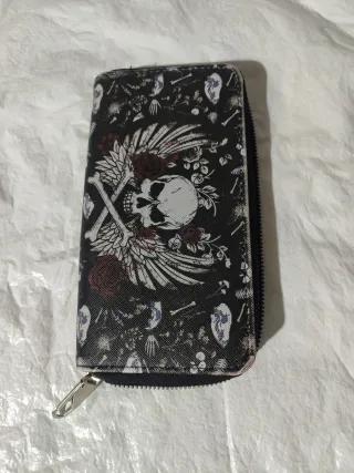 Cartera monedero de cremallera con calavera y rosa