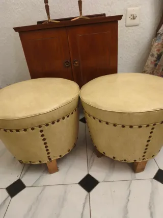 2 Taburetes Vintage Beige, piel sintética y Madera