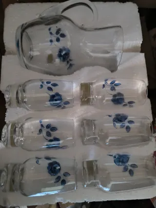 Brocca e 6 Bicchieri Vetro Anni '70 Fiori Blu