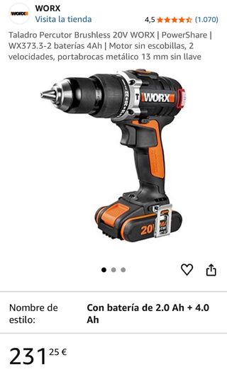 Taladro Percutor Worx WX373.3 20V 2 Baterías 4Ah