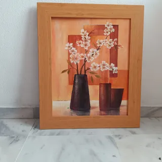 Cuadro flores en jarrón madera