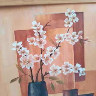 Cuadro flores en jarrón madera