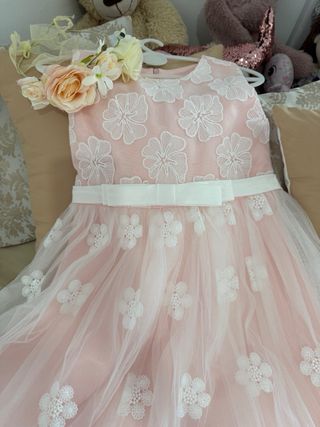 2 Vestido fiesta niña(gemelas)flores blanco y rosa