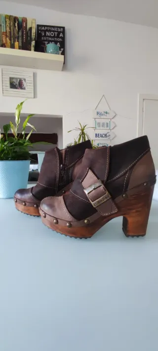 Botín tacón madera piel y ante marrón 37