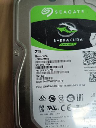 Seagate BarraCuda 2TB, Disco Duro Interno, HDD, 3.5 Pulgadas, SATA 6 GB/s, 7200 RPM, cache de 256 MB para computador de sobremesa y PC