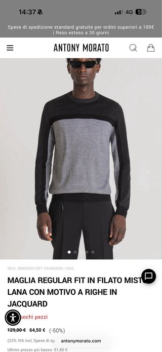 Maglione uomo Antony Morato – Lana 50% – Taglia L