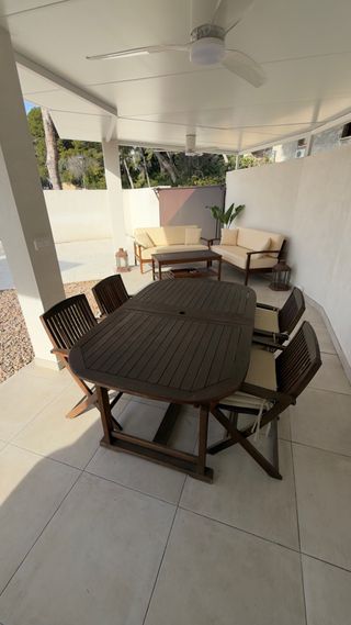 Mesa extensible 165/285 madera tropical + 10 silla