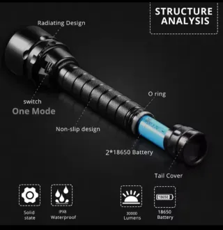 Linterna pesca submarina triple led negra