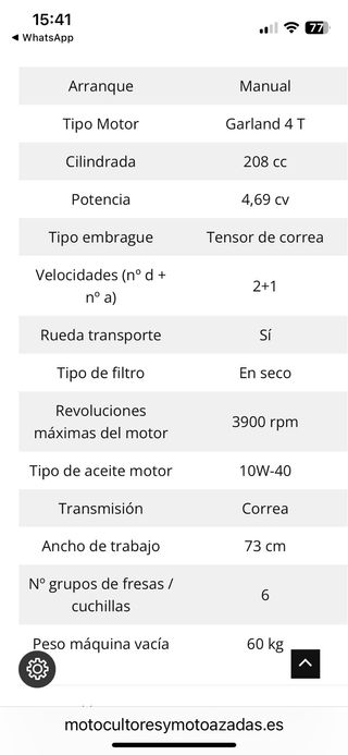 Motoazada Garland Harvest 208 cc 6 cv.