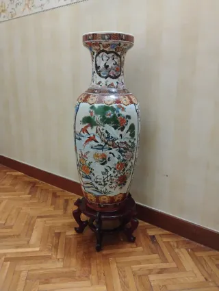 Jarrón Chino Cerámica con Soporte Madera