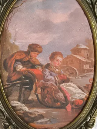 ANTIGUO CUADRO OVALADO METAL Y TELA MADE IN ITALY