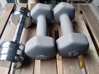 3 Pesas 5kg Metálicas y Crane