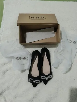 Zapatos mujer planos H&D negros lazo pedrería T36