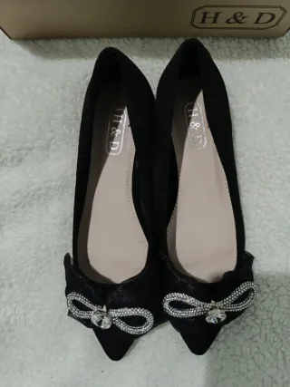 Zapatos mujer planos H&D negros lazo pedrería T36