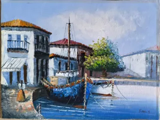 Pintura de barco en puerto