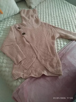 Jersey mujer cuello alto botones beige/rosa