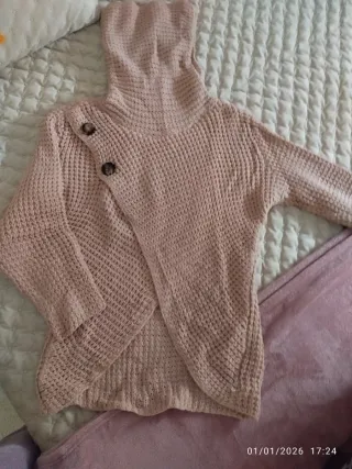 Jersey mujer cuello alto botones beige/rosa