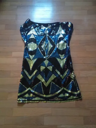 Vestido fiesta lentejuelas negro, azul y dorado