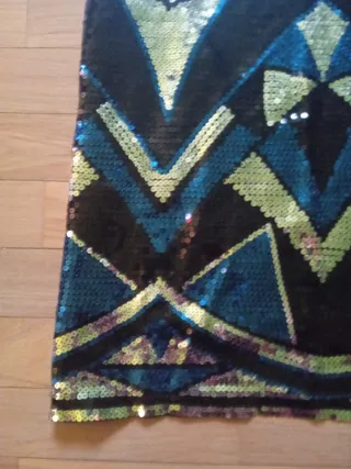 Vestido fiesta lentejuelas negro, azul y dorado