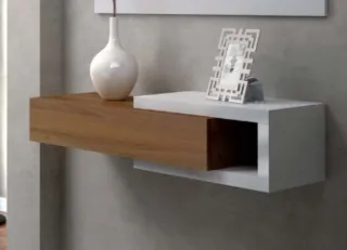 Recibidor consola madera y blanco.