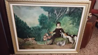 Lienzo Pintura Óleo Caza Perros Niño