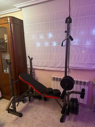 Banco de gimnasio con polea y pesas