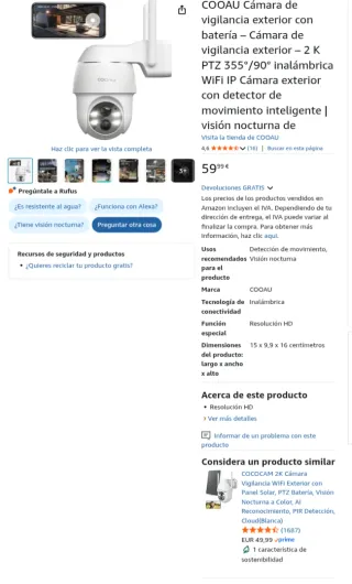 Cámara Vigilancia Exterior COOAU Batería 2K