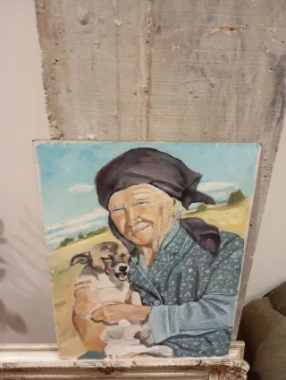 Cuadro óleo sobre tabla: Paisana con perro