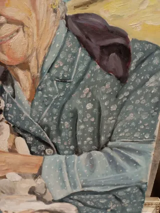 Cuadro óleo sobre tabla: Paisana con perro
