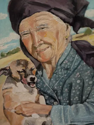 Cuadro óleo sobre tabla: Paisana con perro