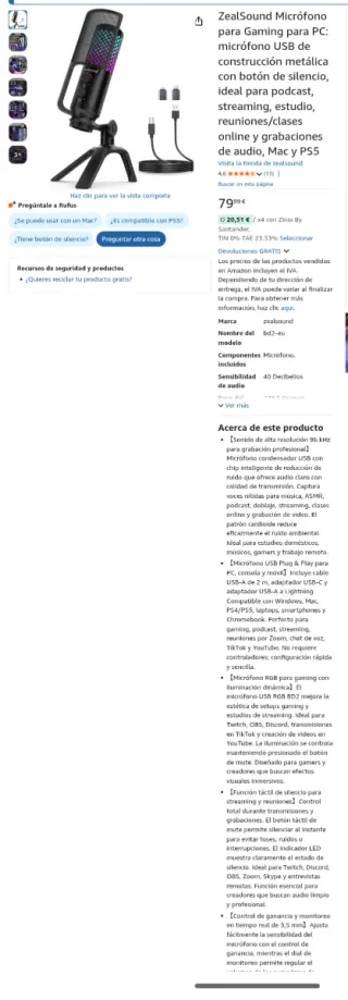 Micrófono ZealSound USB Gaming PC Mac PS5