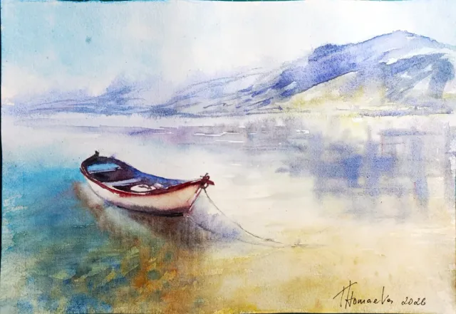 Acuarela de paisaje con barco