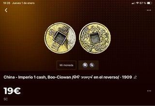 Moneda China Imperio 1 cash 1909