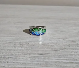 Anillo esmaltado azul y verde de plata