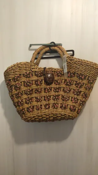 Bolso capazo rafia y tela estampado floral