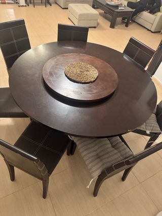 Mesa Comedor Redonda + 8 Sillas Piel Marrón