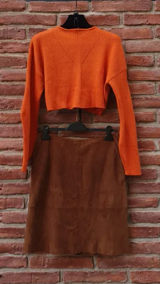 Falda vintage de ante de piel natural, talla 38