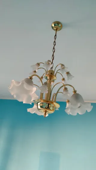 Lampadario Vintage anni '70 metallo dorato e vetro