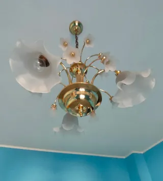 Lampadario Vintage anni '70 metallo dorato e vetro