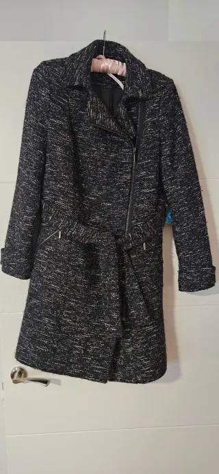 Abrigo Promod Lana Negro y Plateado