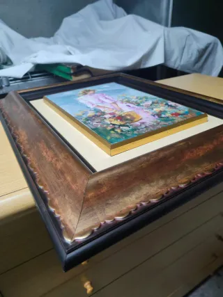 Cuadro Óleo Niña Flores Dorado