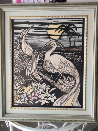 Cuadro de cristal con pájaros y palmeras